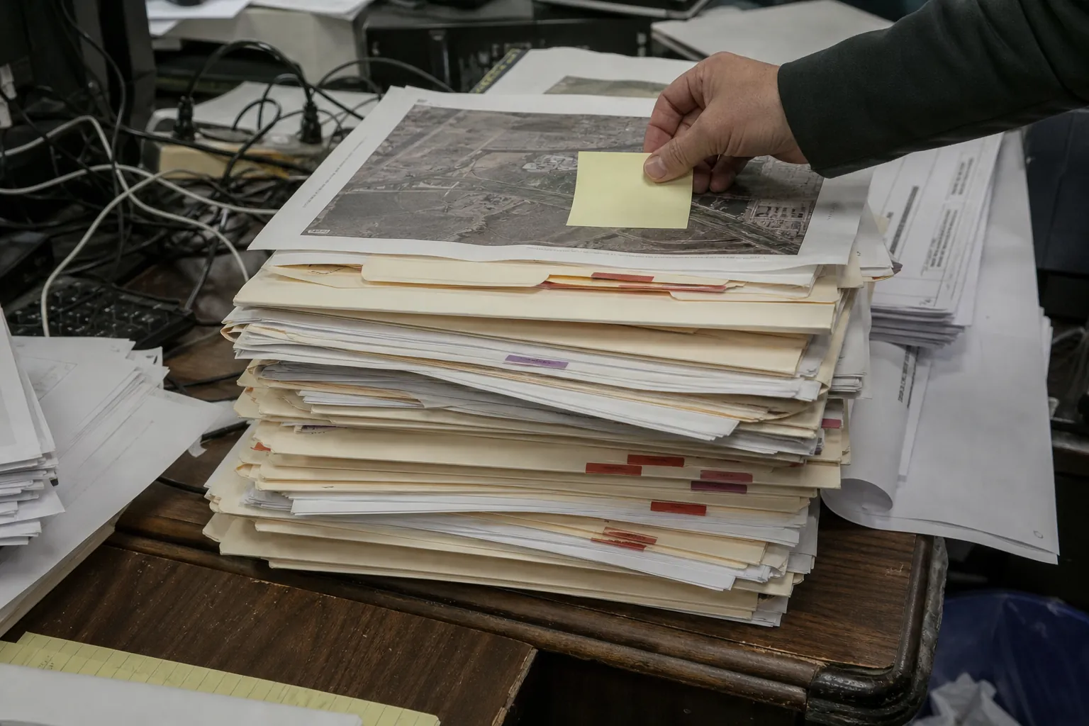 A hand presses a yellow sticky note onto a pile of permit folders.