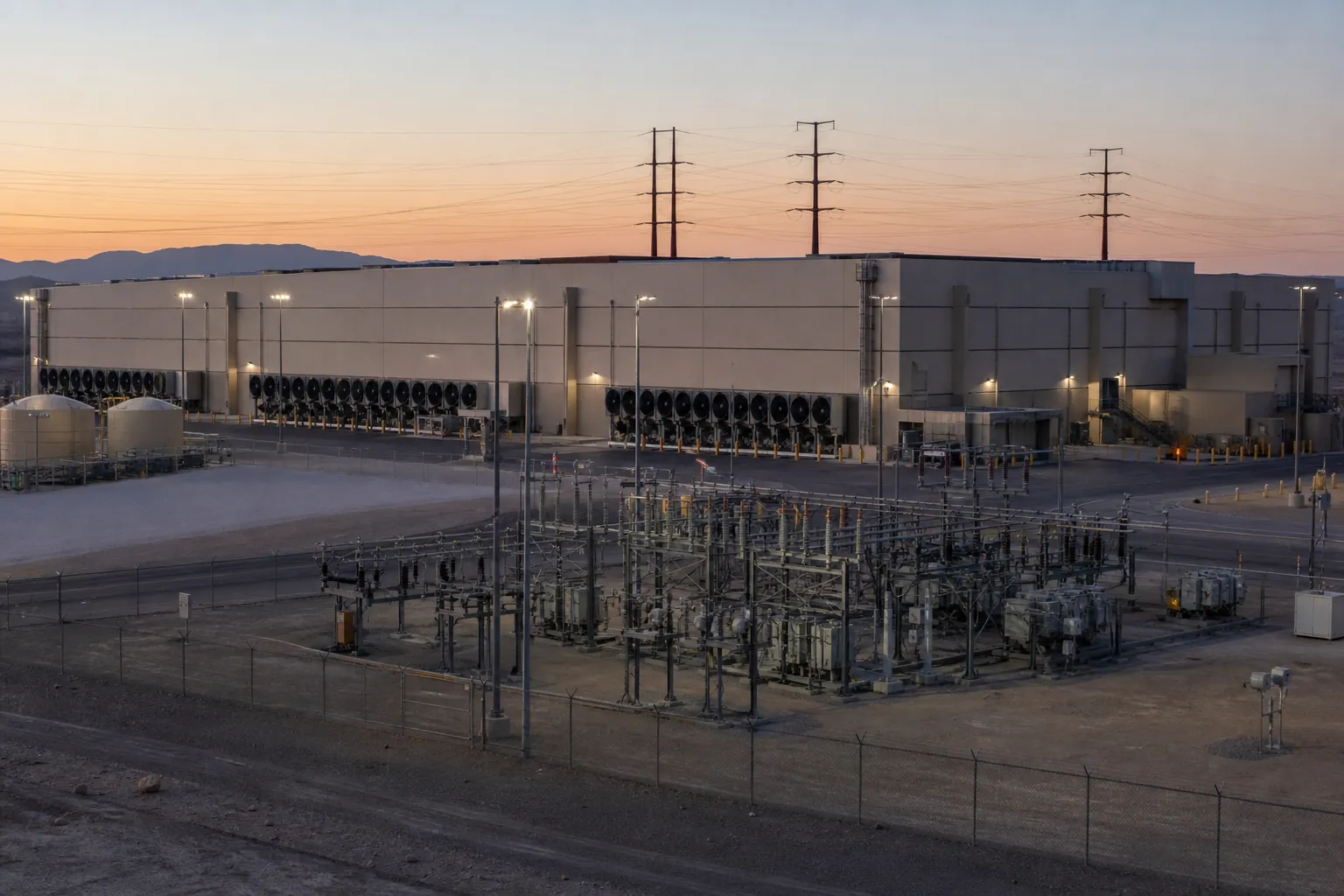 A data-center warehouse at dusk with power lines and a substation.