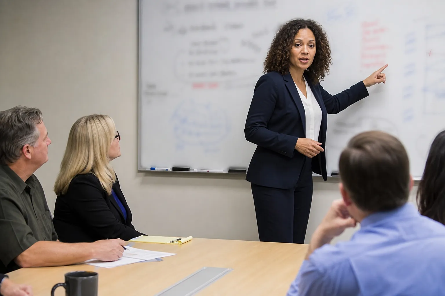 A presenter points at a whiteboard while colleagues nod.