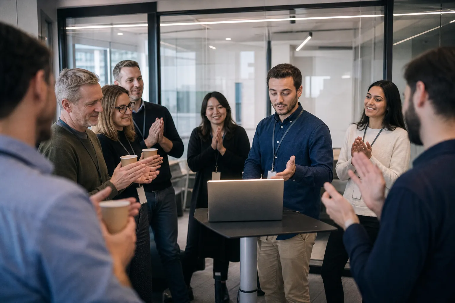 People clap at a laptop demo in a glass office.