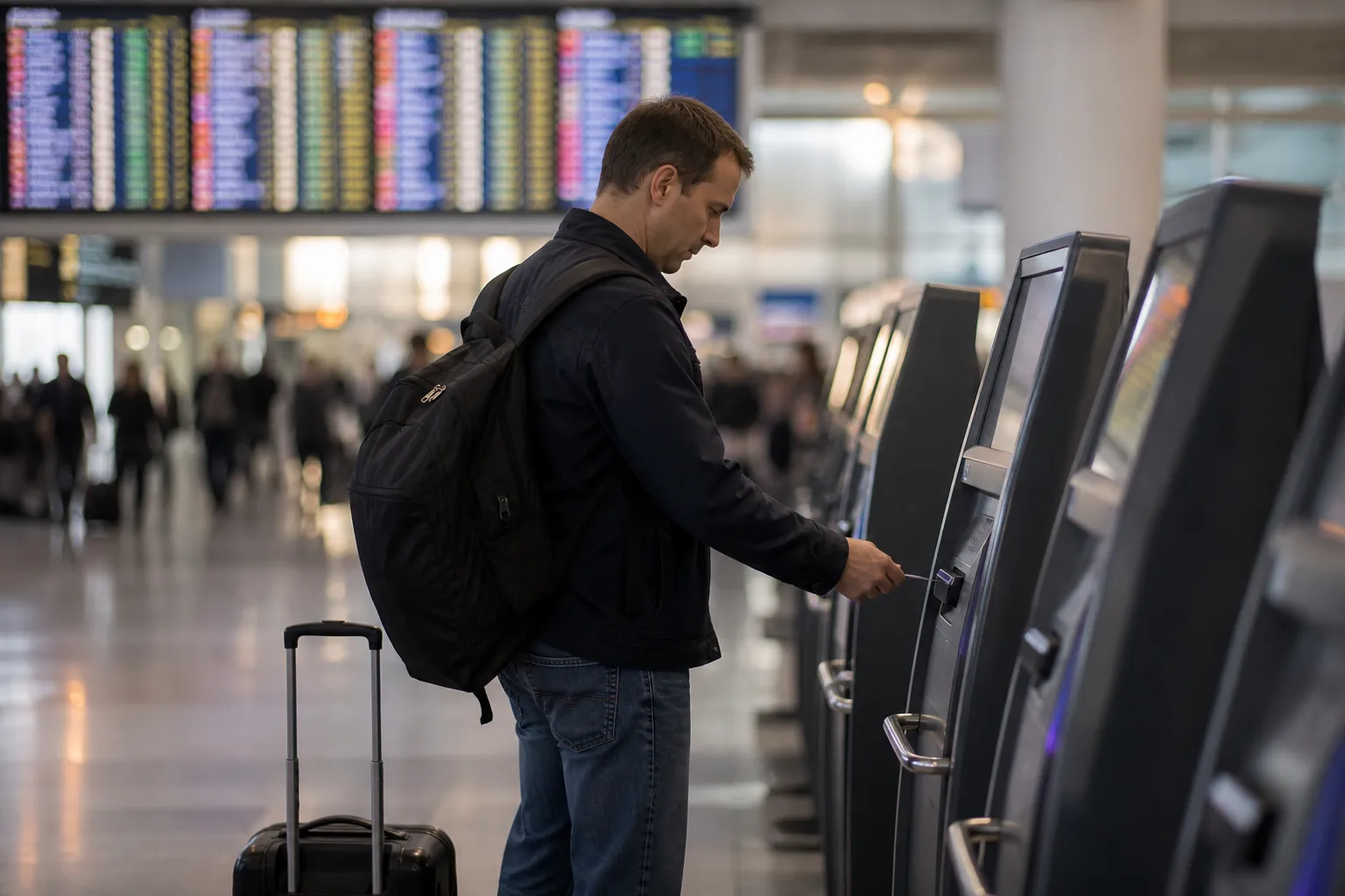 A traveler pays at an airport kiosk with a departure board behind them.